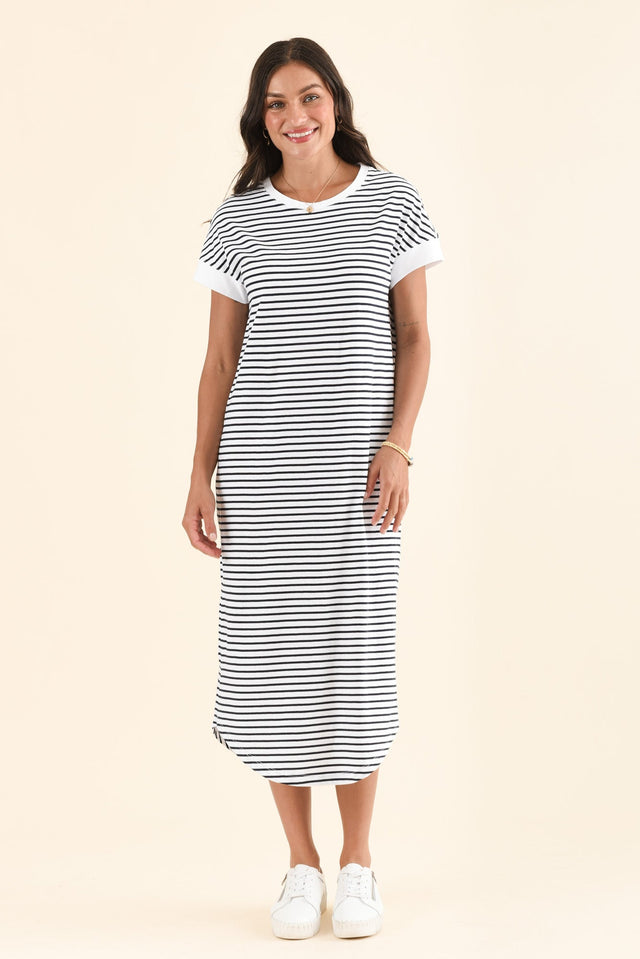 Maggie Navy Stripe Cotton T-Shirt Dress,Full Body,Brunette model,alt text|model:Brontie image 6