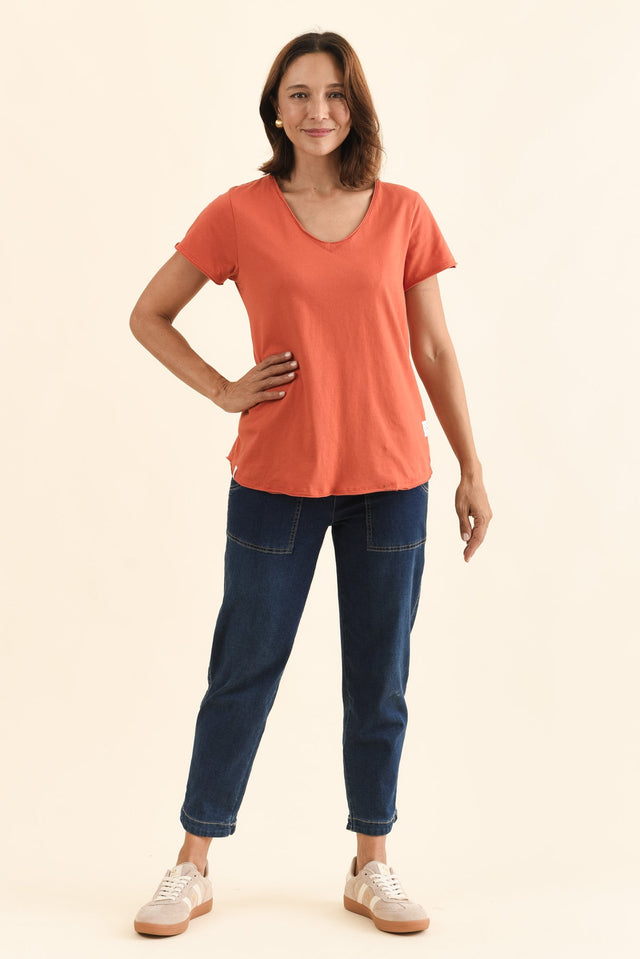 Maggie Orange Cotton Vee Tee,Full Body,Brunette model,alt text|model:Cara image 7