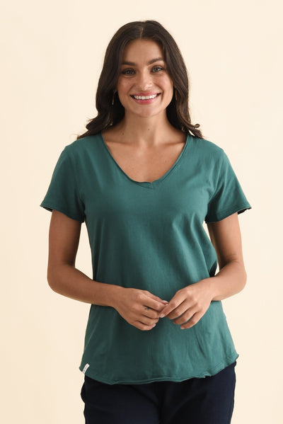 Maggie Teal Cotton Vee Tee