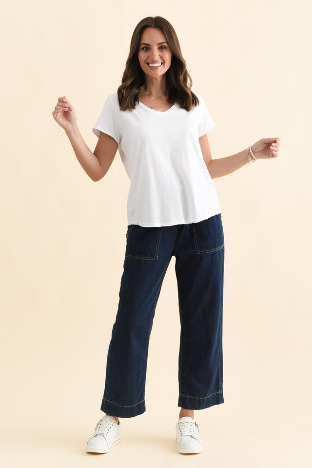 Maggie White Cotton Vee Tee,Brunette model,alt text|model:MJ image 8