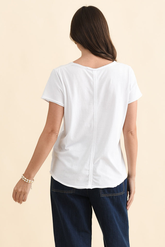 Maggie White Cotton Vee Tee,Brunette model,alt text|model:MJ image 6