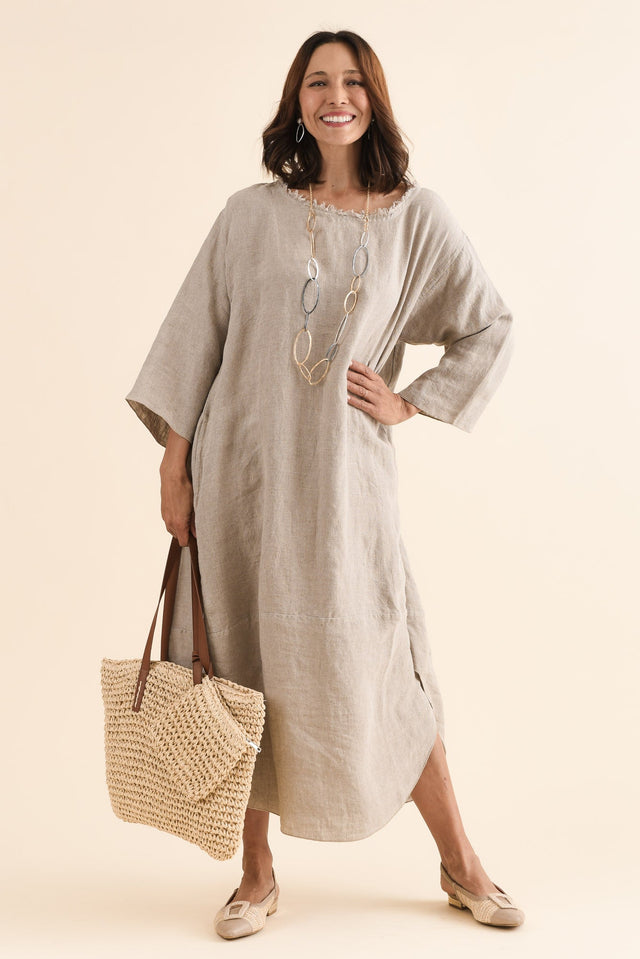 Malik Natural Linen Frayed Dress,Front,Brunette model,alt text|model:Cara image 1