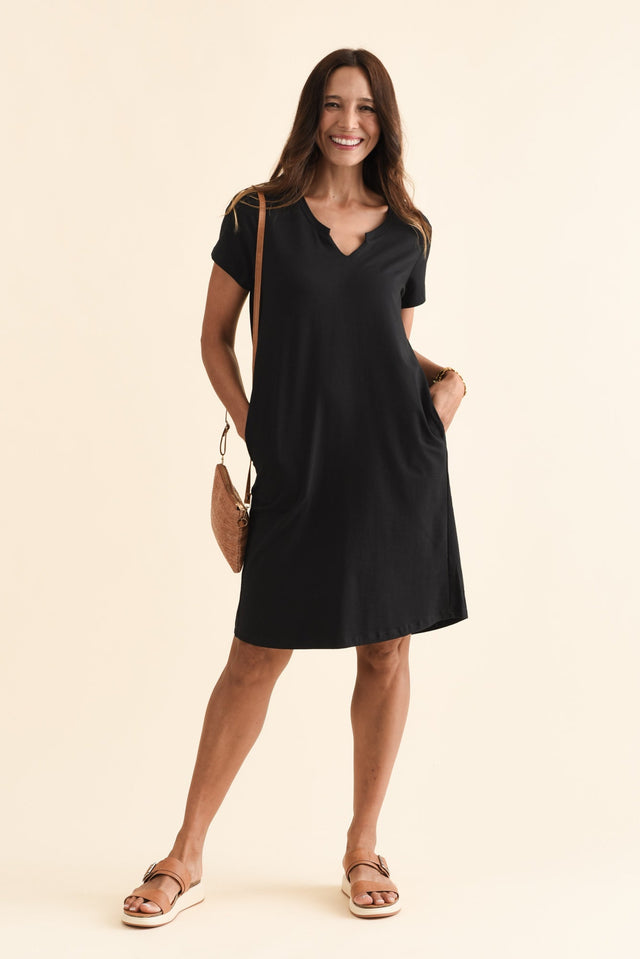 Mandy Black Cotton Tee Dress,Brunette model,alt text|model:Cara