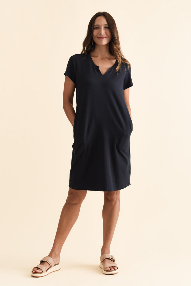 Mandy Navy Cotton Tee Dress,Brunette model,alt text|model:Cara image 3