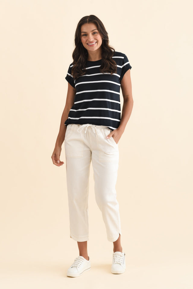 Manly Navy Stripe Cotton Tee,Brunette model,alt text|model:Brontie image 7