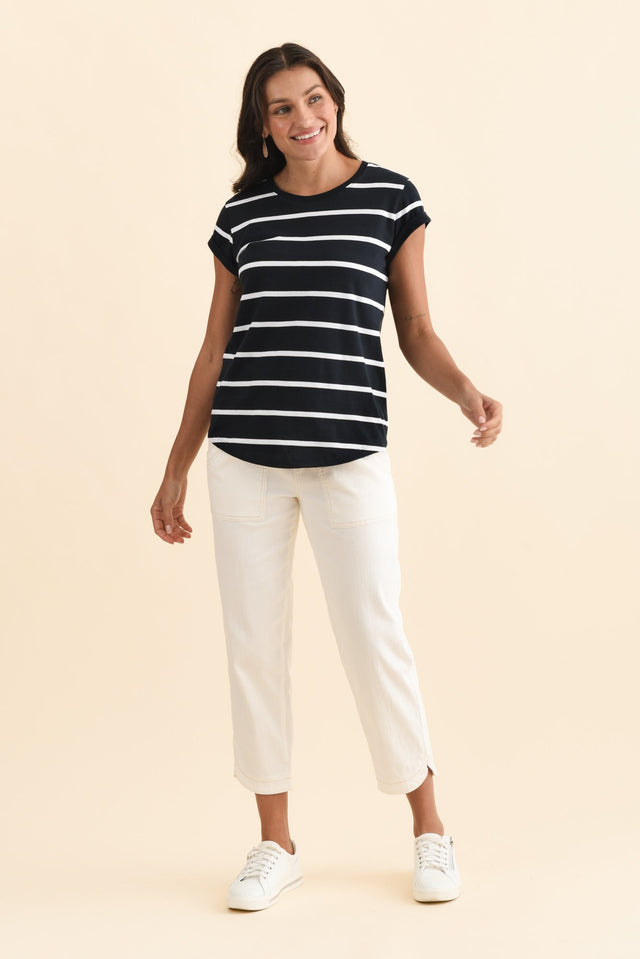 Manly Navy Stripe Cotton Tee,Brunette model,alt text|model:Brontie image 3
