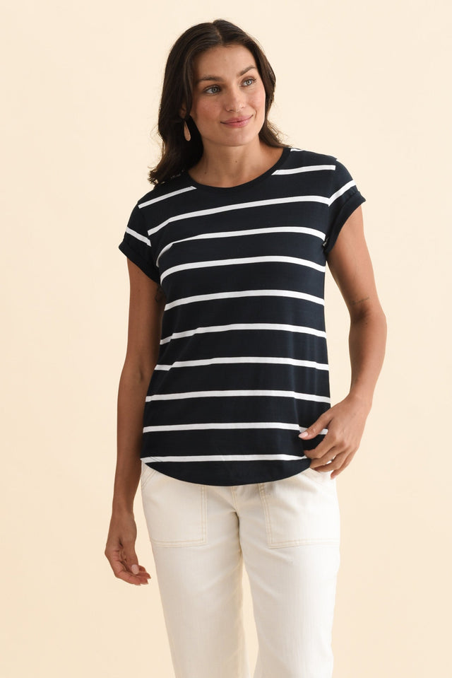 Manly Navy Stripe Cotton Tee,Brunette model,alt text|model:Brontie
