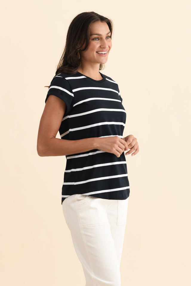 Manly Navy Stripe Cotton Tee,Brunette model,alt text|model:Brontie image 4