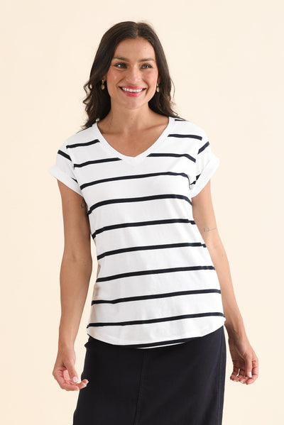 Manly White Stripe Cotton Vee Tee