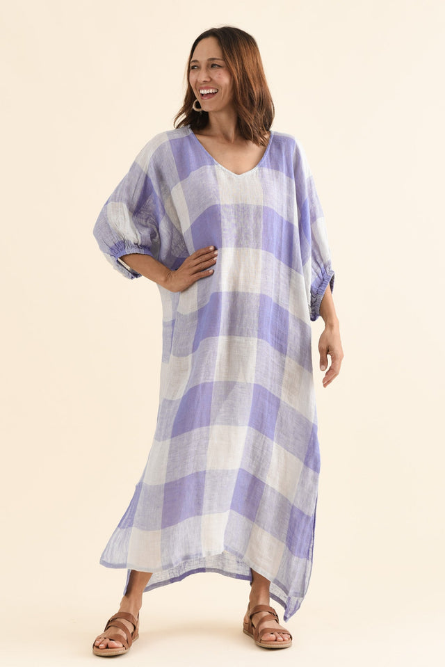 Marcel Blue Check Linen Dress,Full Body,Brunette model,alt text|model:Cara image 2