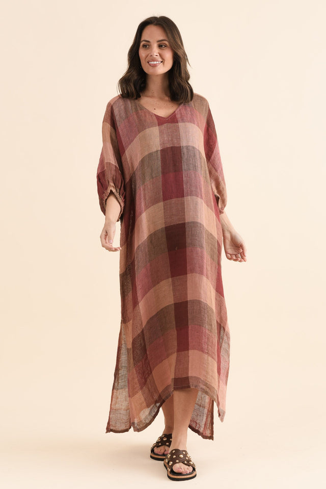 Marcel Brown Check Linen Dress,Full Body,Brunette model,alt text|model:MJ image 6