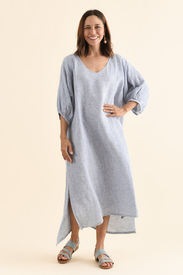 Marcel Steel Linen Dress,Full Body,Brunette model,alt text|model:Cara image 2