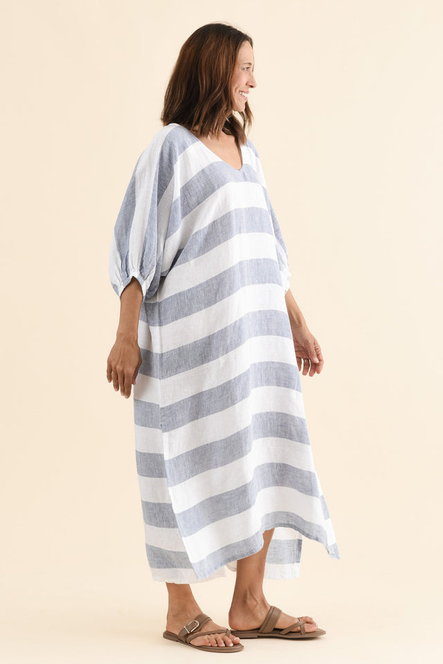 Marcel Steel Stripe Linen Dress,Side,Brunette model,alt text|model:Cara image 3
