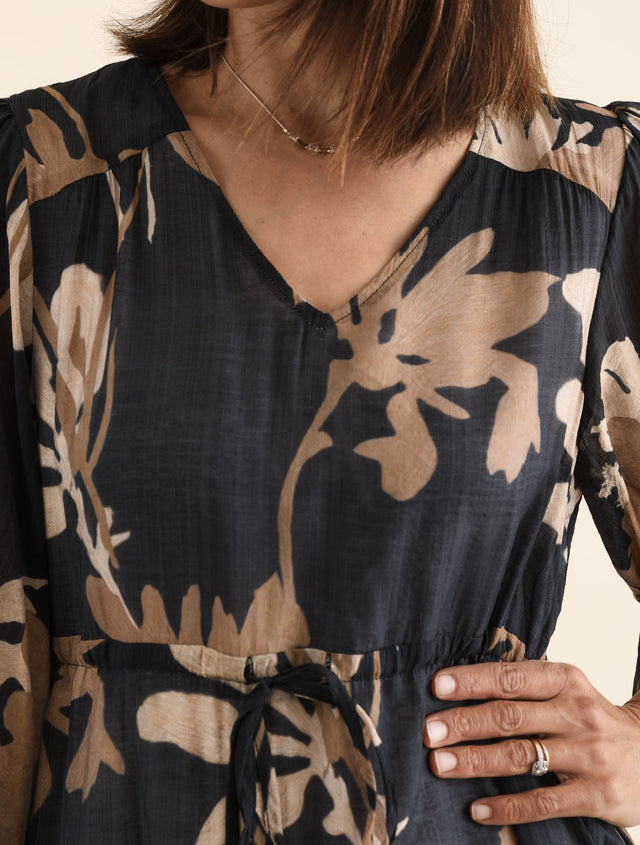 Mareli Black Floral Tie Dress,Detail,Brunette model,alt text|model:Cara image 5