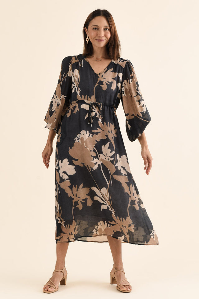 Mareli Black Floral Tie Dress,Full Body,Brunette model,alt text|model:Cara image 6