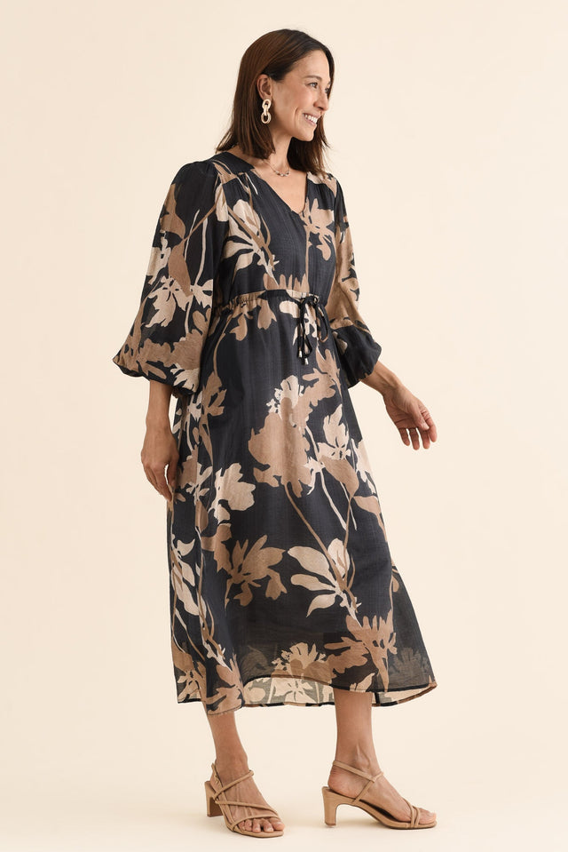 Mareli Black Floral Tie Dress,Side,Brunette model,alt text|model:Cara image 3