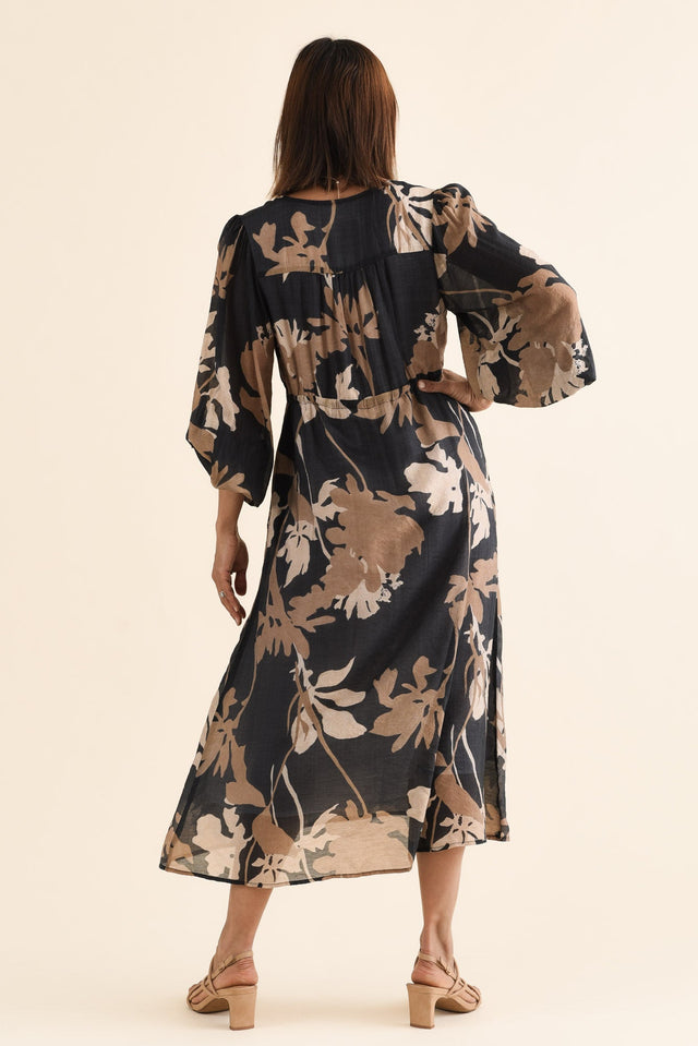 Mareli Black Floral Tie Dress,Back,Brunette model,alt text|model:Cara image 4