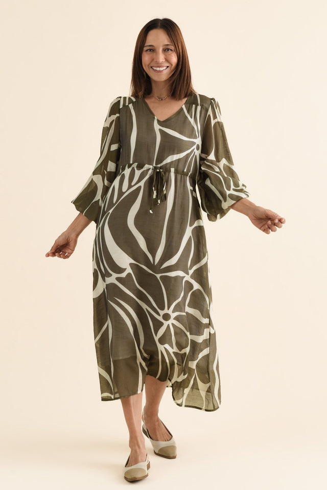 Mareli Khaki Abstract Tie Dress,Full Body,Brunette model,alt text|model:Cara image 2