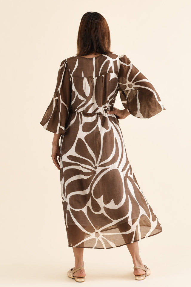 Mareli Mocha Abstract Tie Dress,Back,Brunette model,alt text|model:Cara image 4