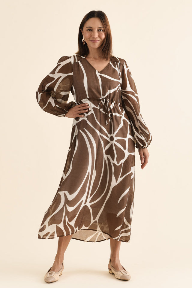 Mareli Mocha Abstract Tie Dress,Front,Brunette model,alt text|model:Cara
