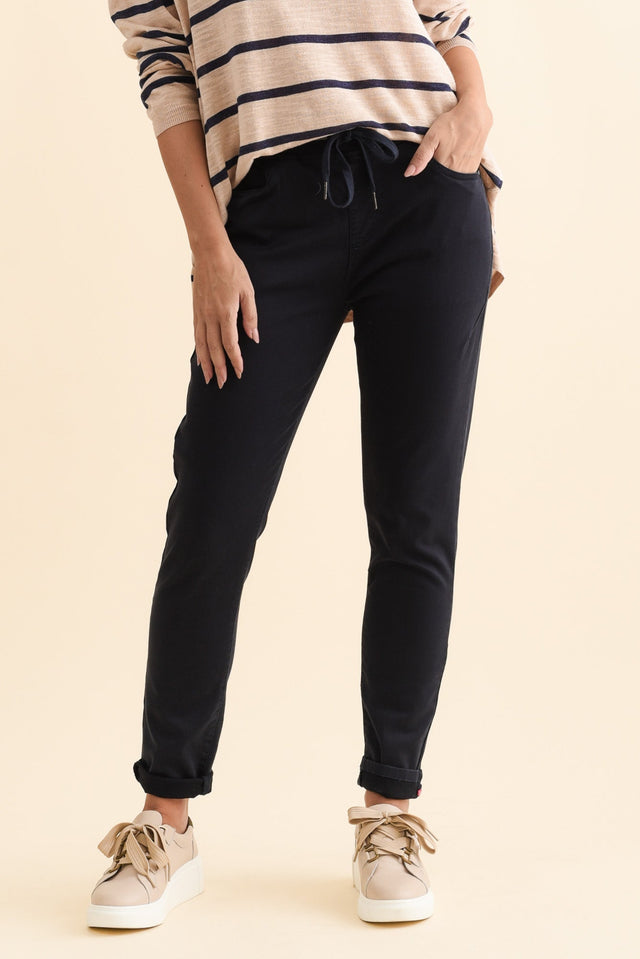 Margo Navy Drawstring Pants,Brunette model,alt text|model:MJ