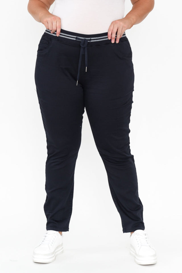 Margo Navy Drawstring Pants,Blonde model,plus-size,curve-bottoms,plus-size-Pants,plus-size-winter-clothing, alt text|model:Caitlin