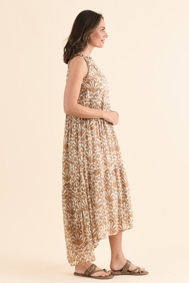 Margot Taupe Motif Sleeveless Dress,Side,Brunette model,alt text|model:MJ image 3