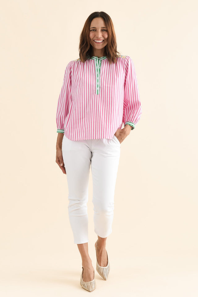 Maria Pink Stripe Cotton Blouse,Full Body,Brunette model,alt text|model:Cara image 6