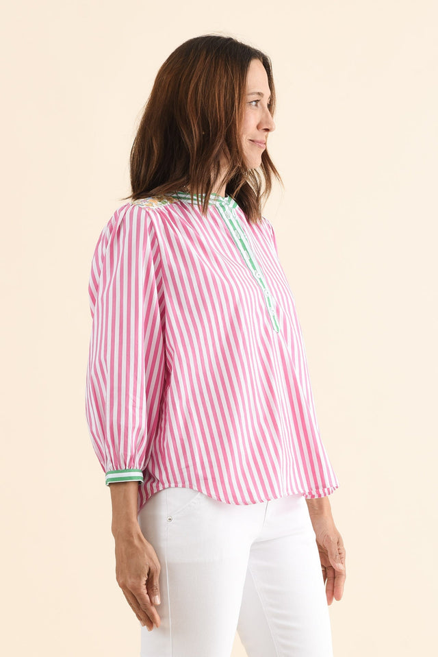 Maria Pink Stripe Cotton Blouse,Side,Brunette model,alt text|model:Cara image 3
