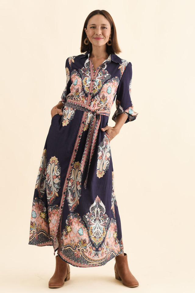 Marina Navy Mosaic Linen Cotton Dress,Brunette model,alt text|model:Cara image 4