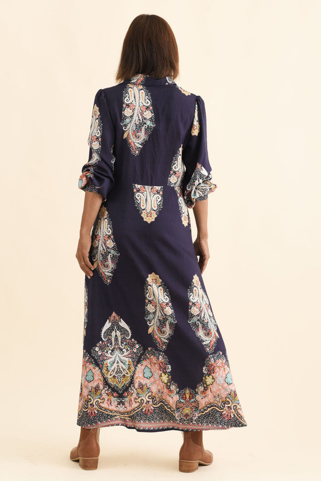 Marina Navy Mosaic Linen Cotton Dress,Brunette model,alt text|model:Cara image 6