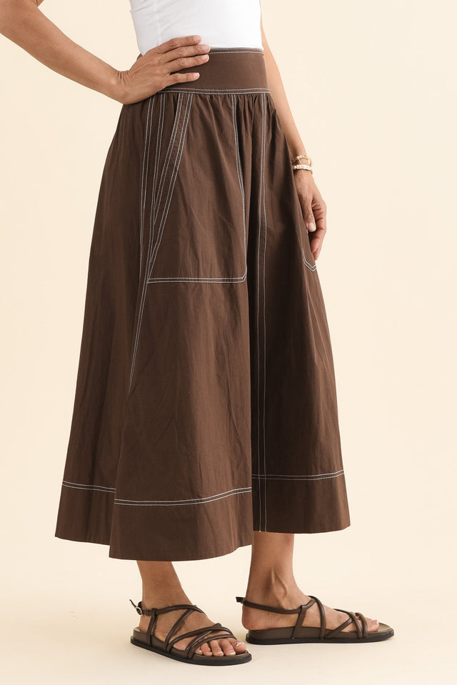 Marion Chocolate Contrast Cotton Skirt,Side,Brunette model,alt text|model:Cara image 3