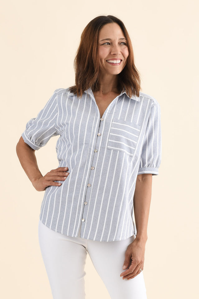 Maris Blue Stripe Cotton Blend Shirt,Front,Brunette model,alt text|model:Cara