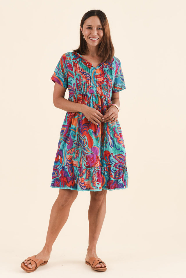 Marisol Blue Foliage Crinkle Cotton Dress,Full Body,Brunette model,alt text|model:Cara