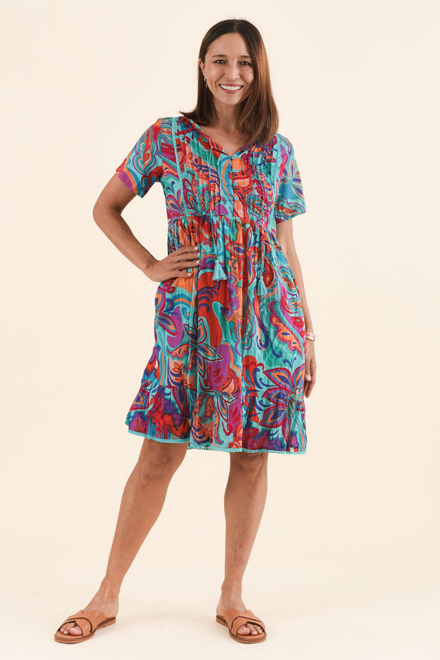 Marisol Blue Foliage Crinkle Cotton Dress,Front,Brunette model,alt text|model:Cara