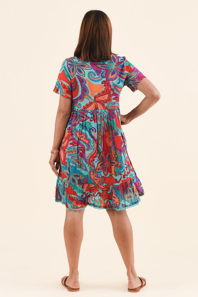 Marisol Blue Foliage Crinkle Cotton Dress,Back,Brunette model,alt text|model:Cara image 4