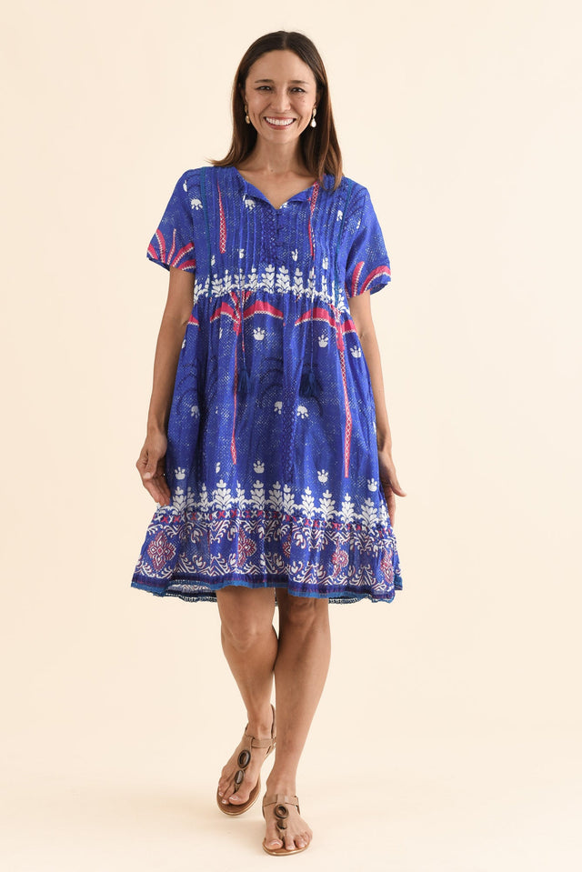 Marisol Cobalt Tropical Crinkle Cotton Dress,Full Body,Brunette model,alt text|model:Cara image 2