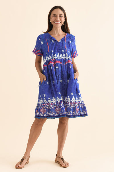 Marisol Cobalt Tropical Crinkle Cotton Dress
