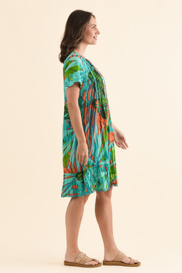 Marisol Teal Leaf Crinkle Cotton Dress,Side,Brunette model,alt text|model:MJ image 4