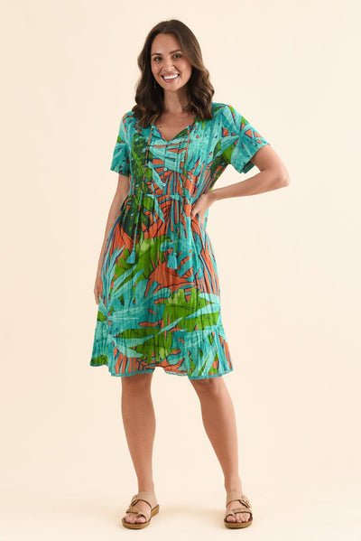 Marisol Teal Leaf Crinkle Cotton Dress