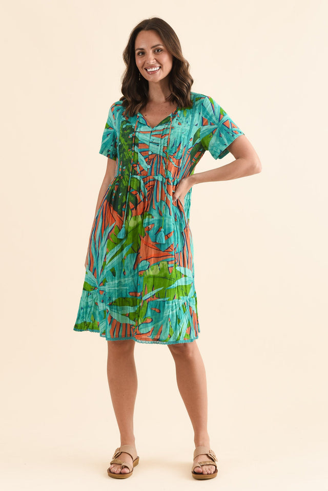 Marisol Teal Leaf Crinkle Cotton Dress,Full Body,Brunette model,alt text|model:MJ image 7