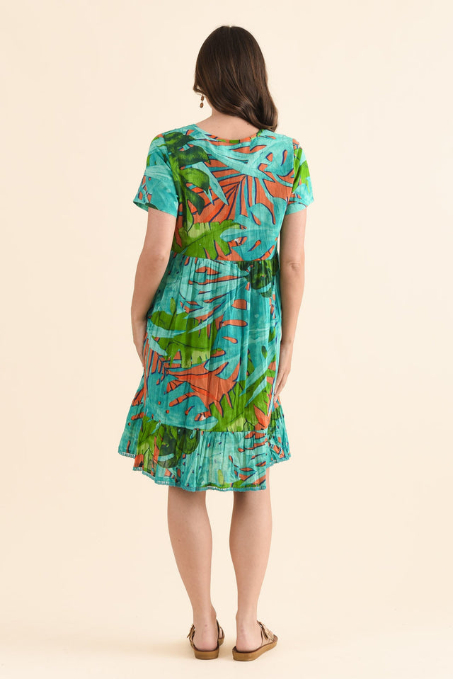 Marisol Teal Leaf Crinkle Cotton Dress,Back,Brunette model,alt text|model:MJ image 5