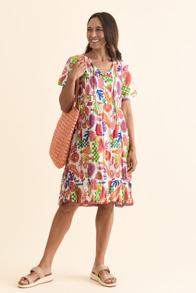 Marisol White Fruity Crinkle Cotton Dress