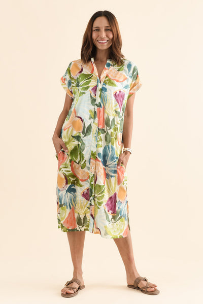 Marlowe Yellow Fruity Cotton Button Dress