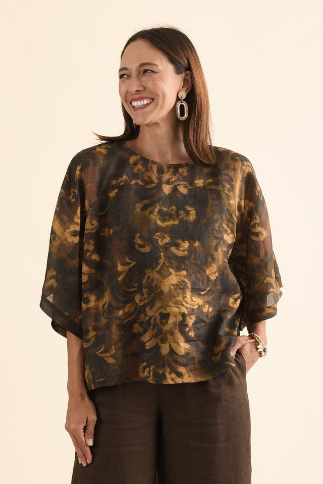 Massimo Yellow Floral Scoop Neck Tee,Front,Brunette model,alt text|model:Cara