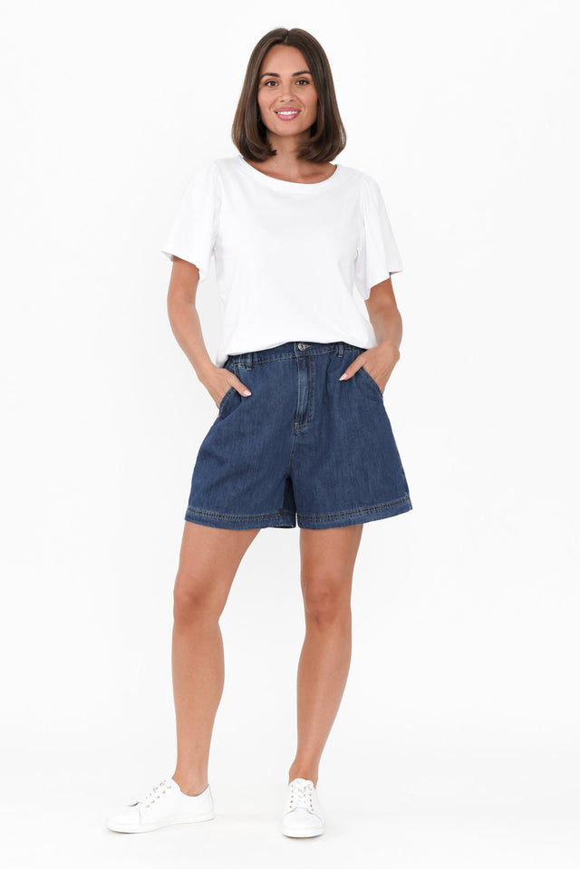Matilda Dark Blue Denim Stretch Shorts,Brunette model,alt text|model:MJ image 8