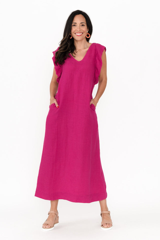 Matilda Hot Pink Pink Linen Dress,Brunette model,alt text|model:Nicole image 7