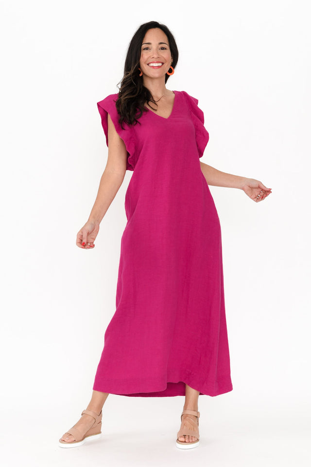 Matilda Hot Pink Pink Linen Dress,Brunette model,alt text|model:Nicole image 3