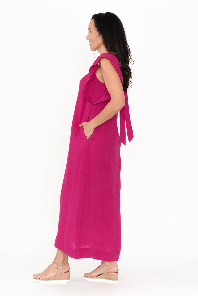 Matilda Hot Pink Pink Linen Dress,Brunette model,alt text|model:Nicole image 4