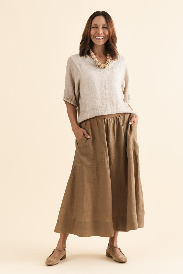 Mayan Tan Linen Pocket Skirt,Full Body,Brunette model,alt text|model:Cara image 6